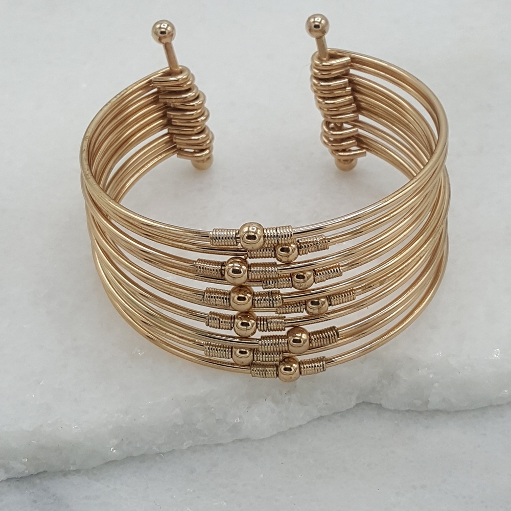 ✔Gold Stacked Cuff Bracelet with Small Gold Beads - Picture 2 of 7